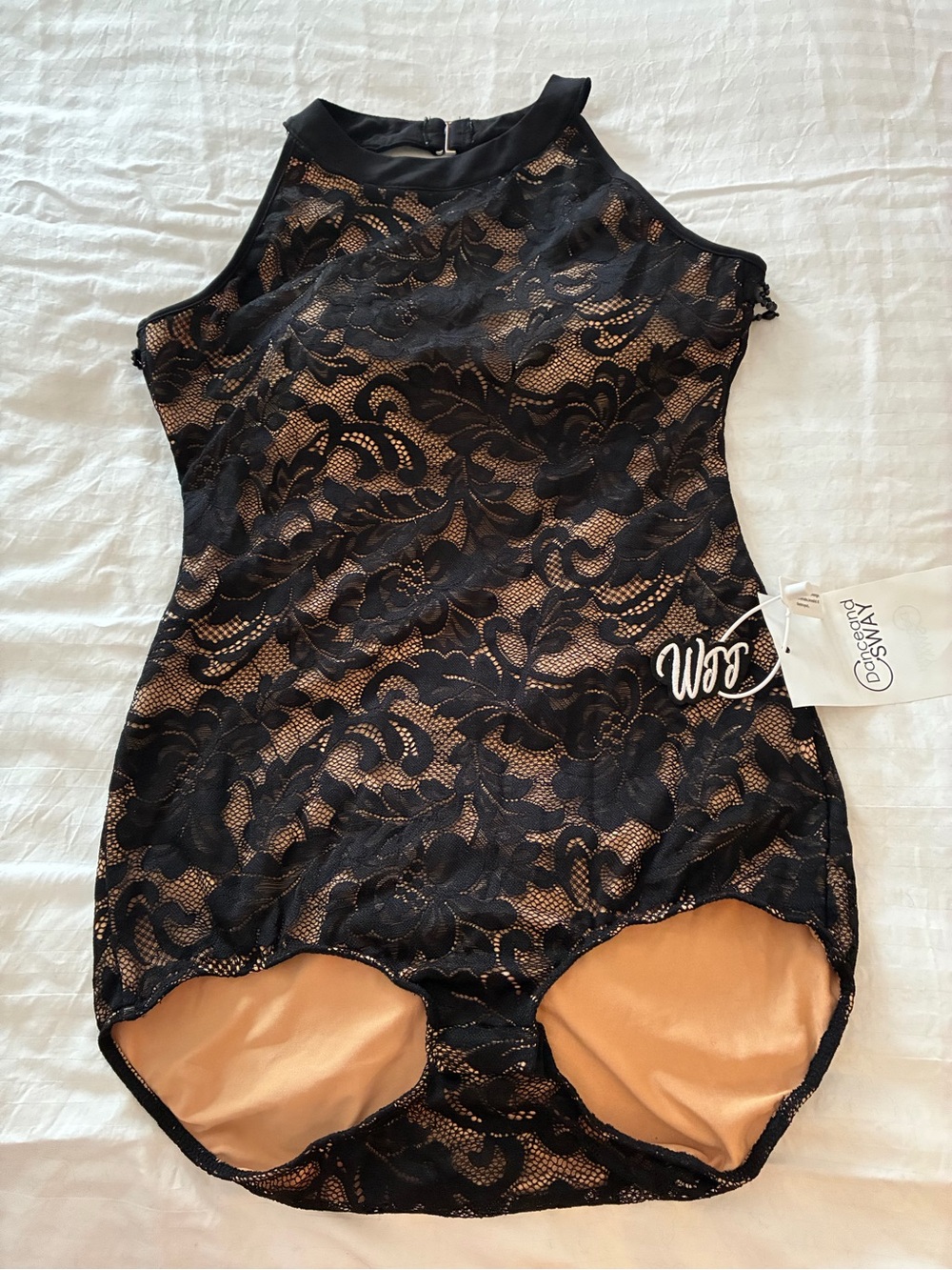 Dance and Sway Black Lace Overlay Beige Bodysuit - Womens Dance Leotard L